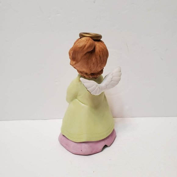 Lefton Angel Figurine, Vintage Bisque Porcelain, Green Pink with Halo, Toes - Picture 5 of 7